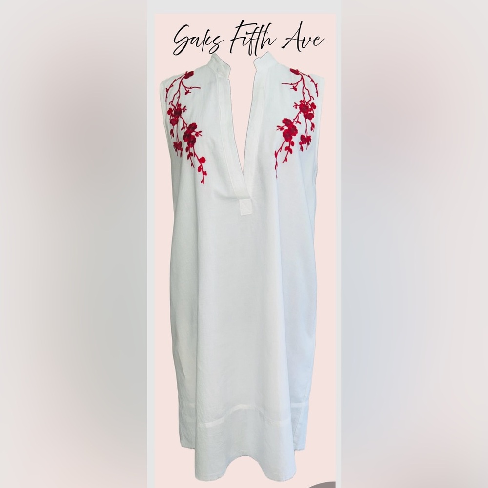 ♥️Saks Fifth Avenue Ivory Dress with Crimson Floral Embroidery Dress❤️
